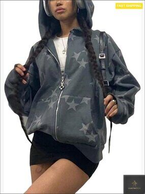 Oversized Zip Up Hoodie Y2k Star Graphic Grunge Streetwear Sweatshirt Jacket